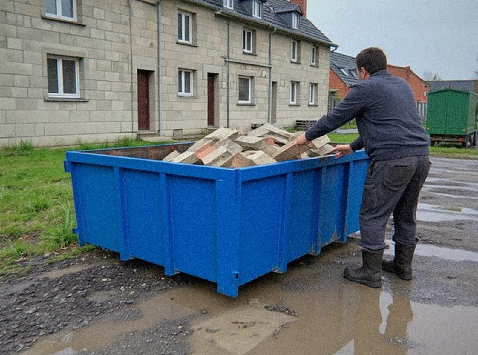 Artisan qui charge des gravats dans une benne de chantier louée à Haguenau