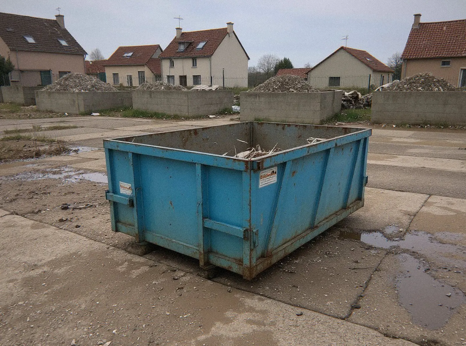 Benne vidée au centre de tri près de Haguenau, devant les tas de gravats triés