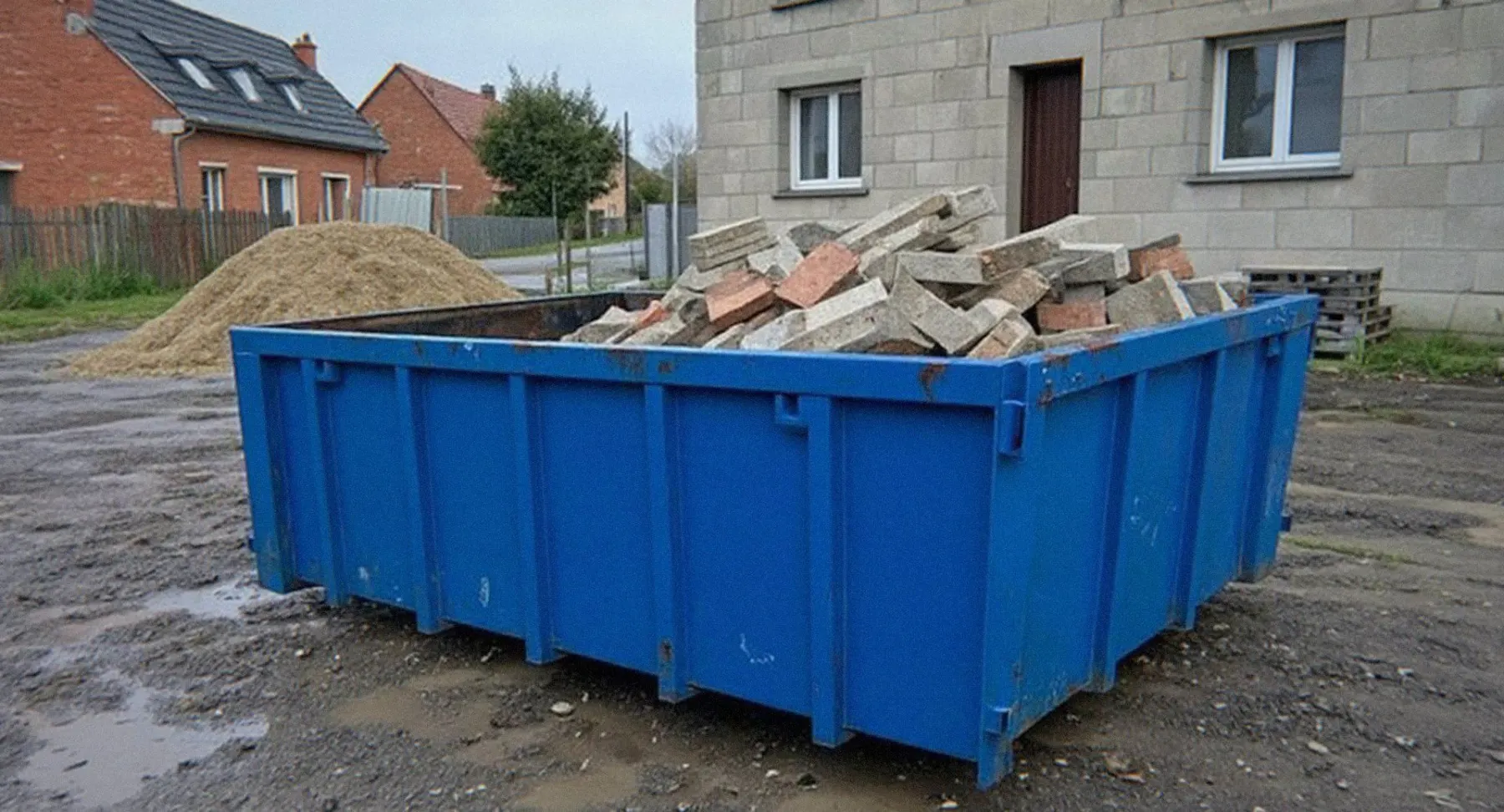 Benne bleue pleine de gravats et de briques sur un chantier à Haguenau, location de benne pour professionnels du Bas-Rhin
