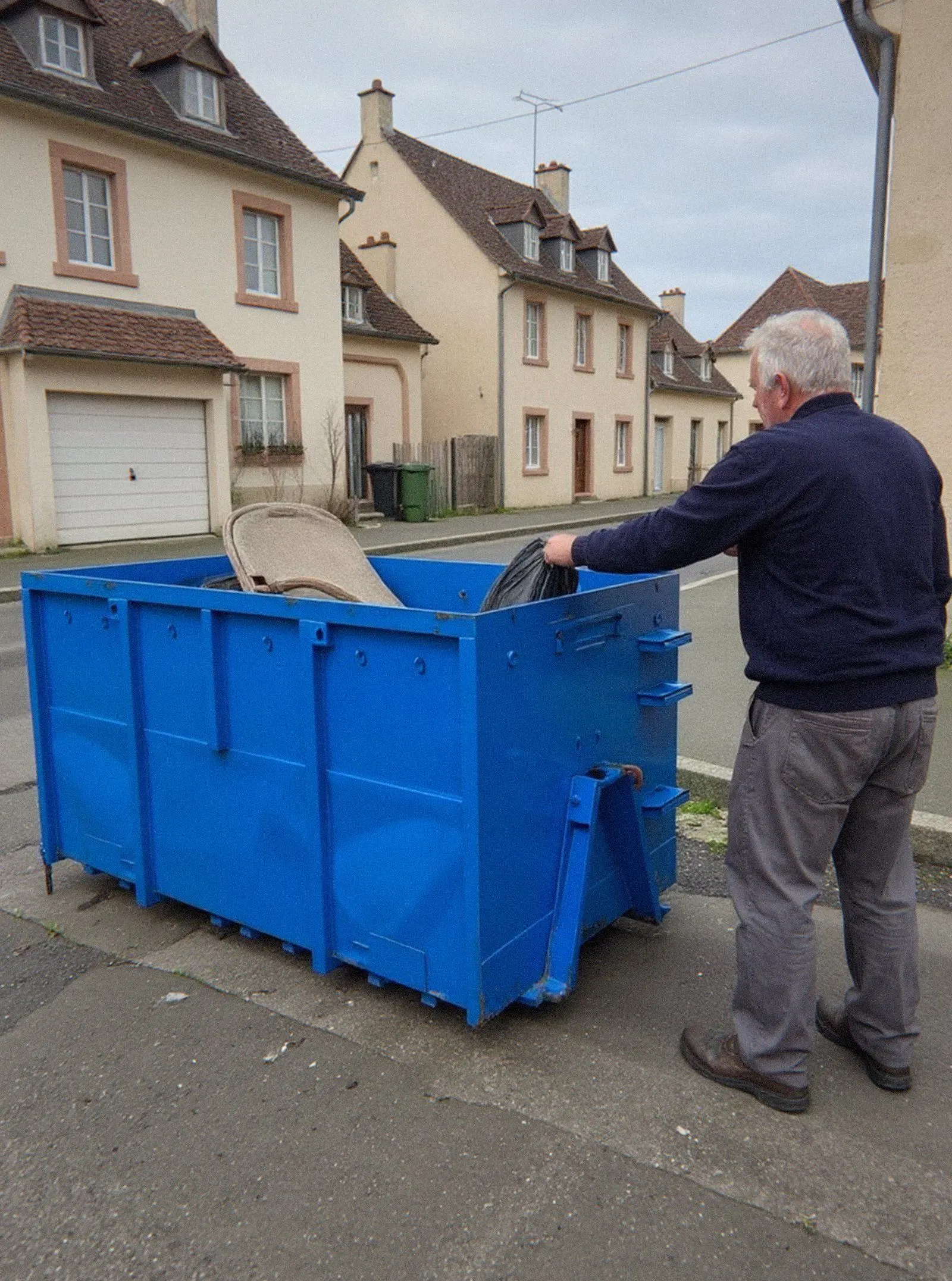 Particulier qui jette un sac dans la benne bleue louée devant sa maison à Haguenau